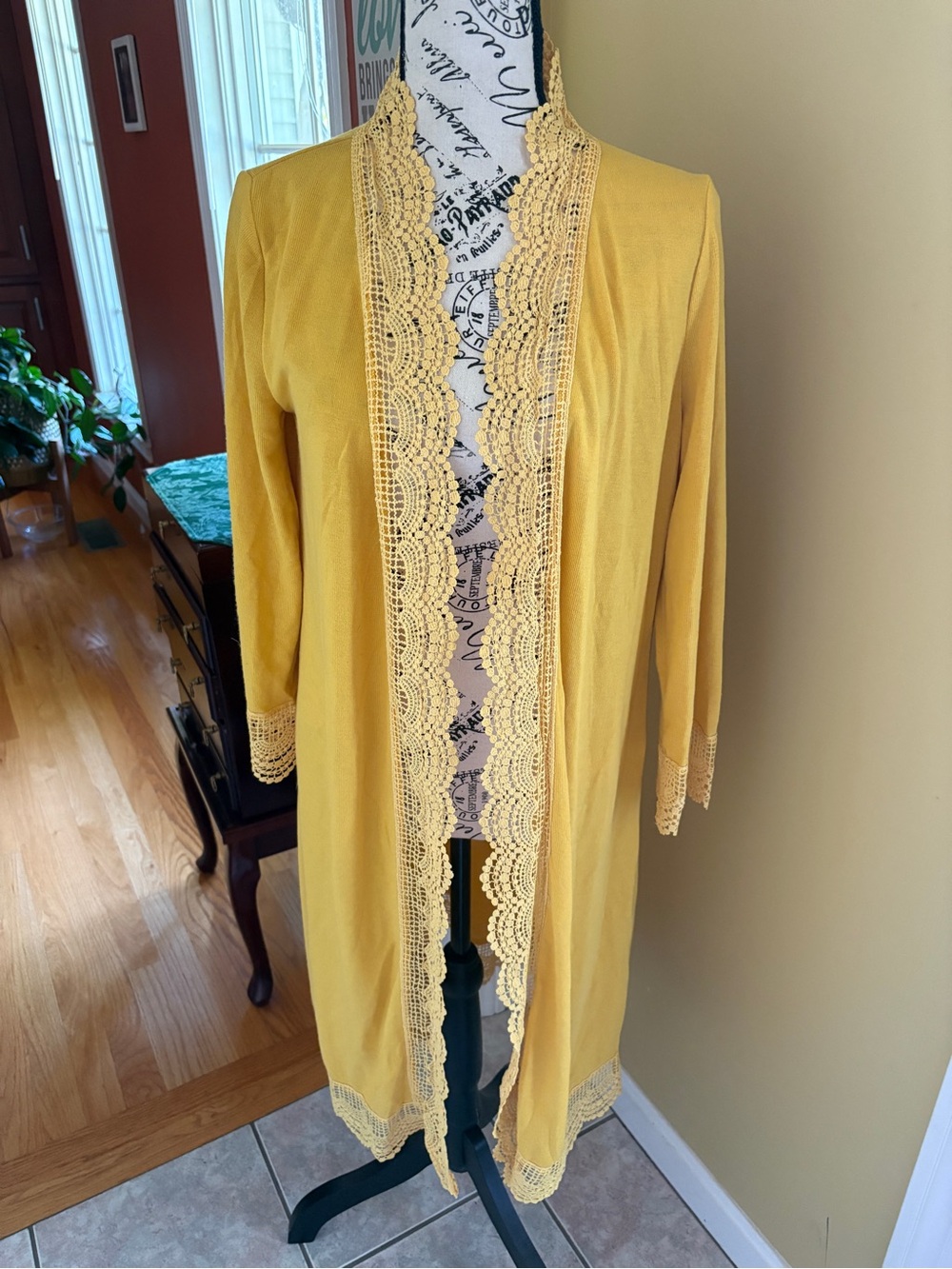 Tickled Teal Mustard Yellow Lace Trim Duster Cardigan – Size Large – NWOT